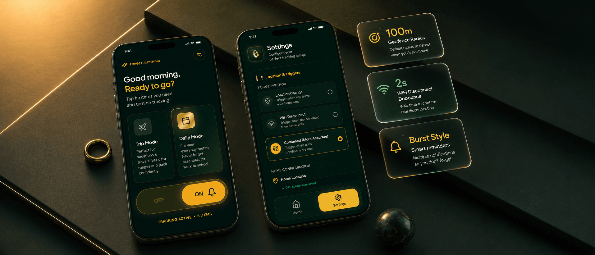 Two phones showing Home and Settings, with feature callouts: 100 m geofence, 2 s Wi-Fi debounce, Burst style