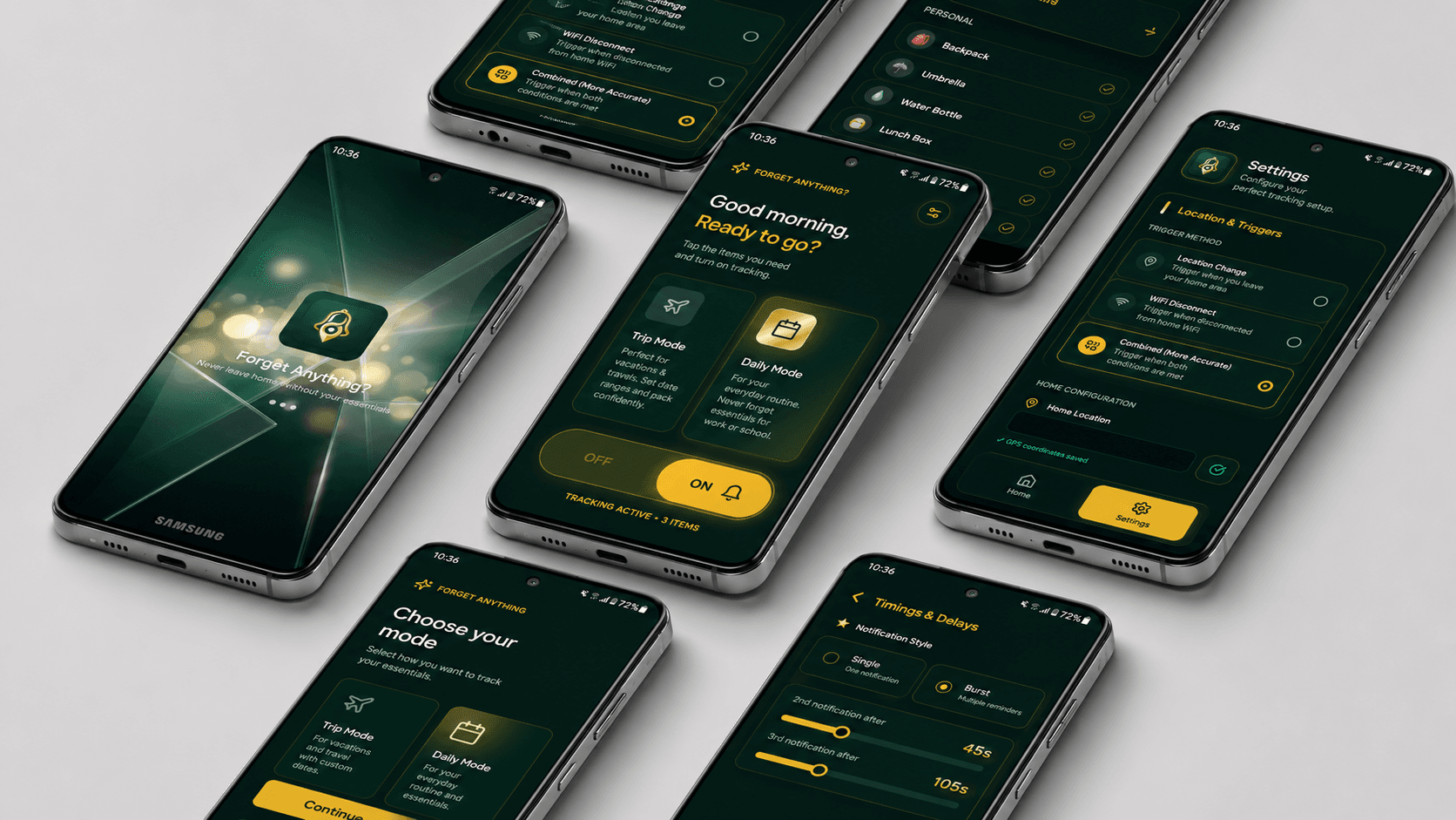 All seven screens of Forget Anything? — Splash, Home, Mode, Items, Settings, Triggers, Timings