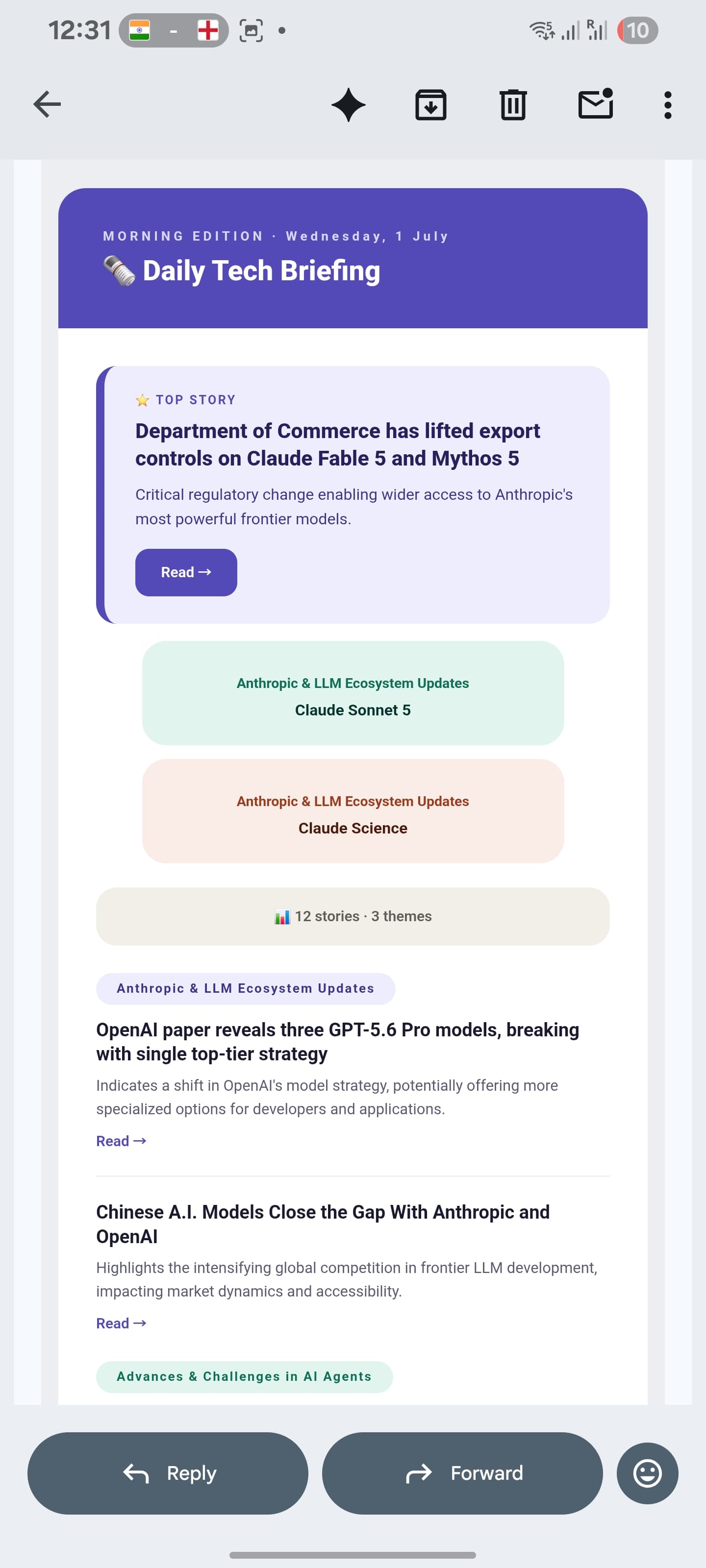 Daily Tech Briefing — a real email the agent sent