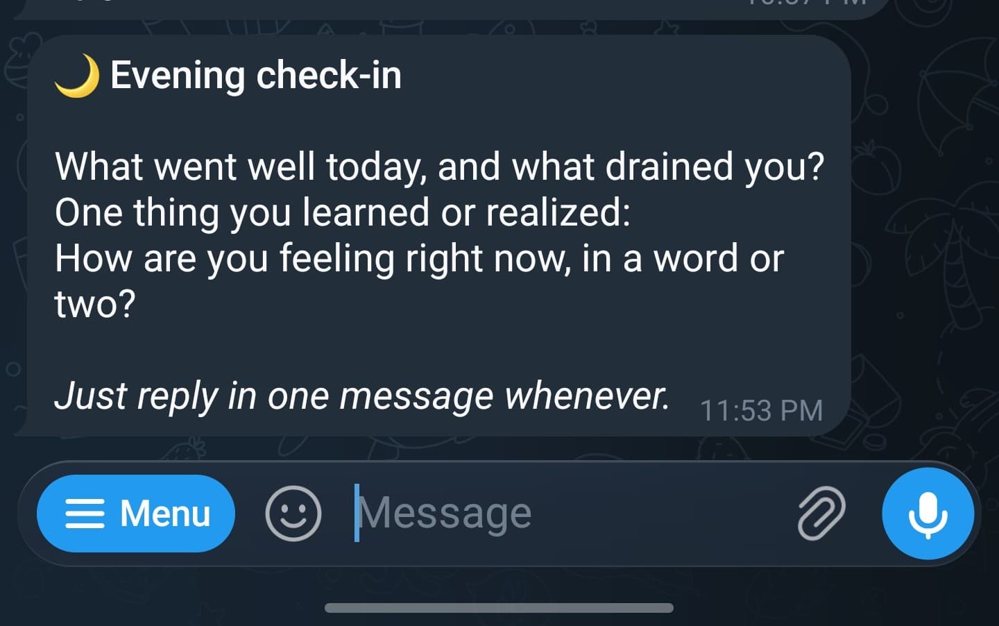 Journaling Companion — a real telegram the agent sent