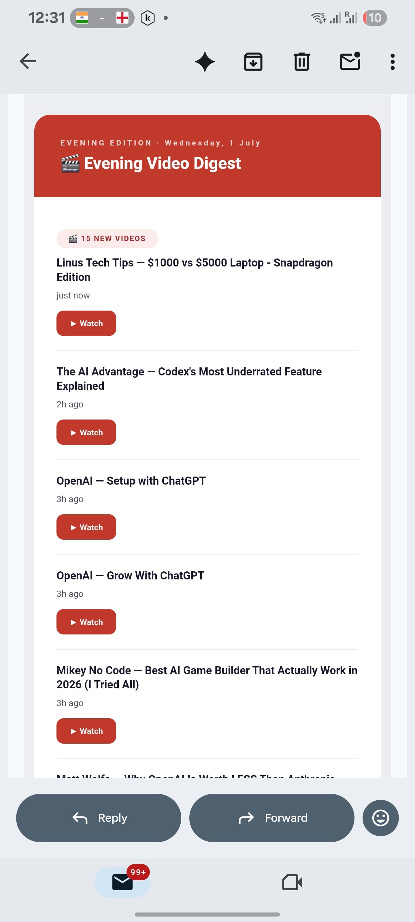 Evening Video Digest — a real email the agent sent