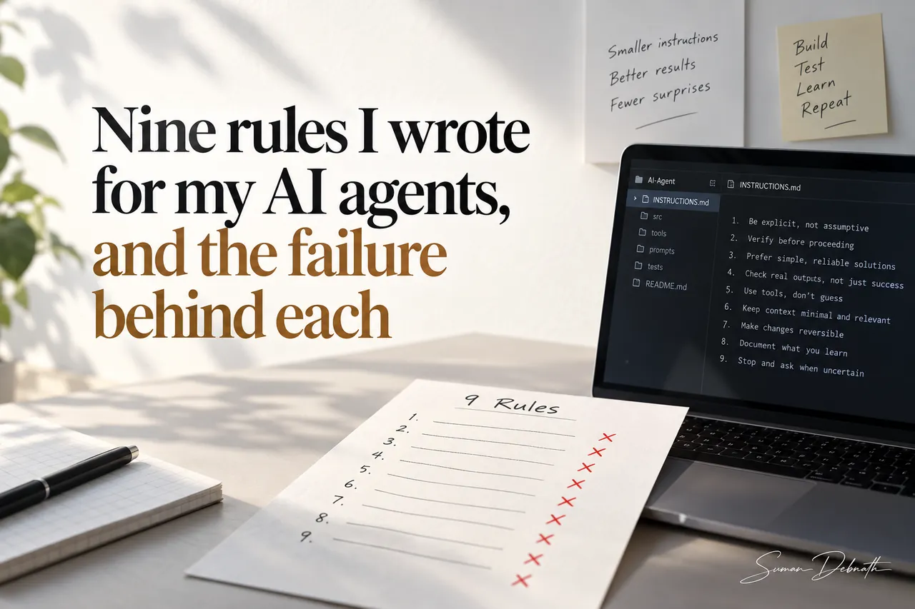 A bright desk with a laptop open on a file named INSTRUCTIONS.md listing nine numbered rules for an agent, and a printed sheet headed "9 Rules" propped in front of it with a red cross marked against every line. Notes pinned above read "Smaller instructions, better results, fewer surprises".