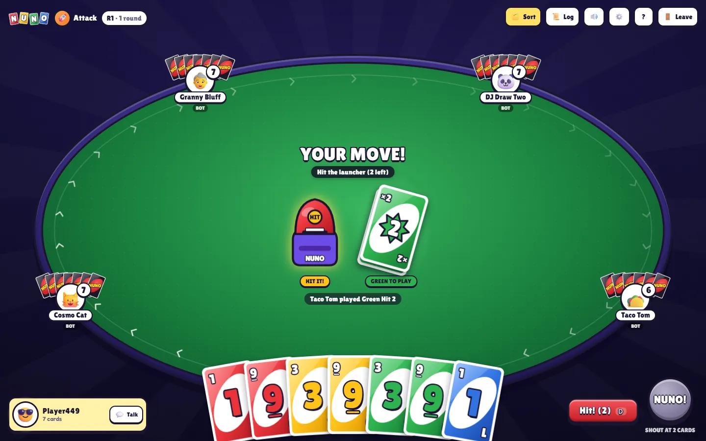 An Attack-mode table: no draw pile, a red card launcher marked HIT in its place, and the prompt ‘Hit the launcher (2 left)’