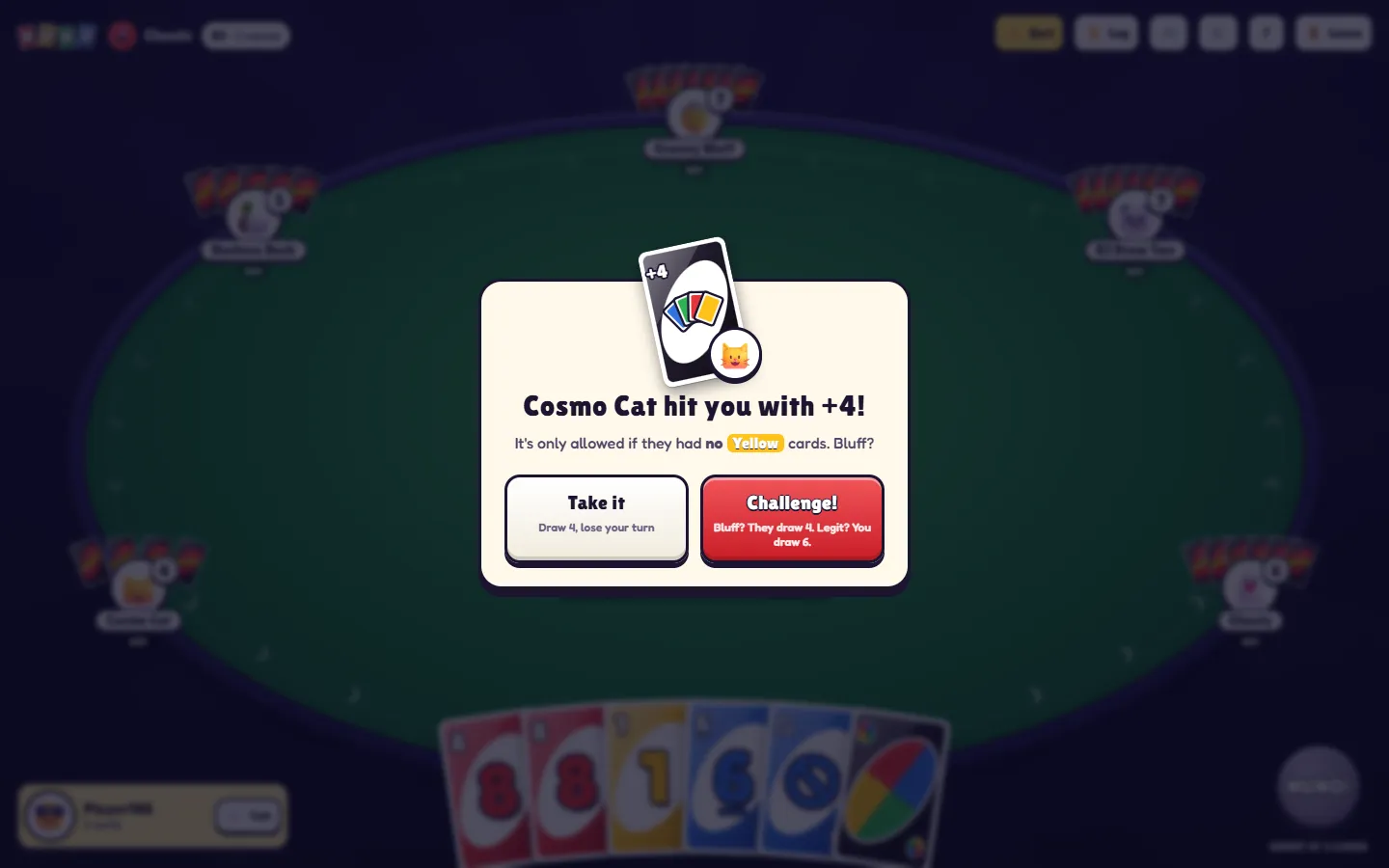 The Wild Draw Four prompt: ‘Cosmo Cat hit you with +4! It's only allowed if they had no Yellow cards. Bluff?’ with Take it and Challenge! buttons