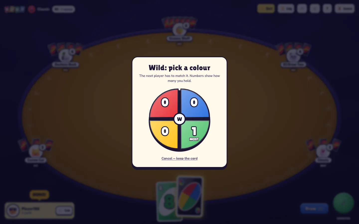 The Wild colour picker: a four-colour wheel showing how many cards of each colour the player holds