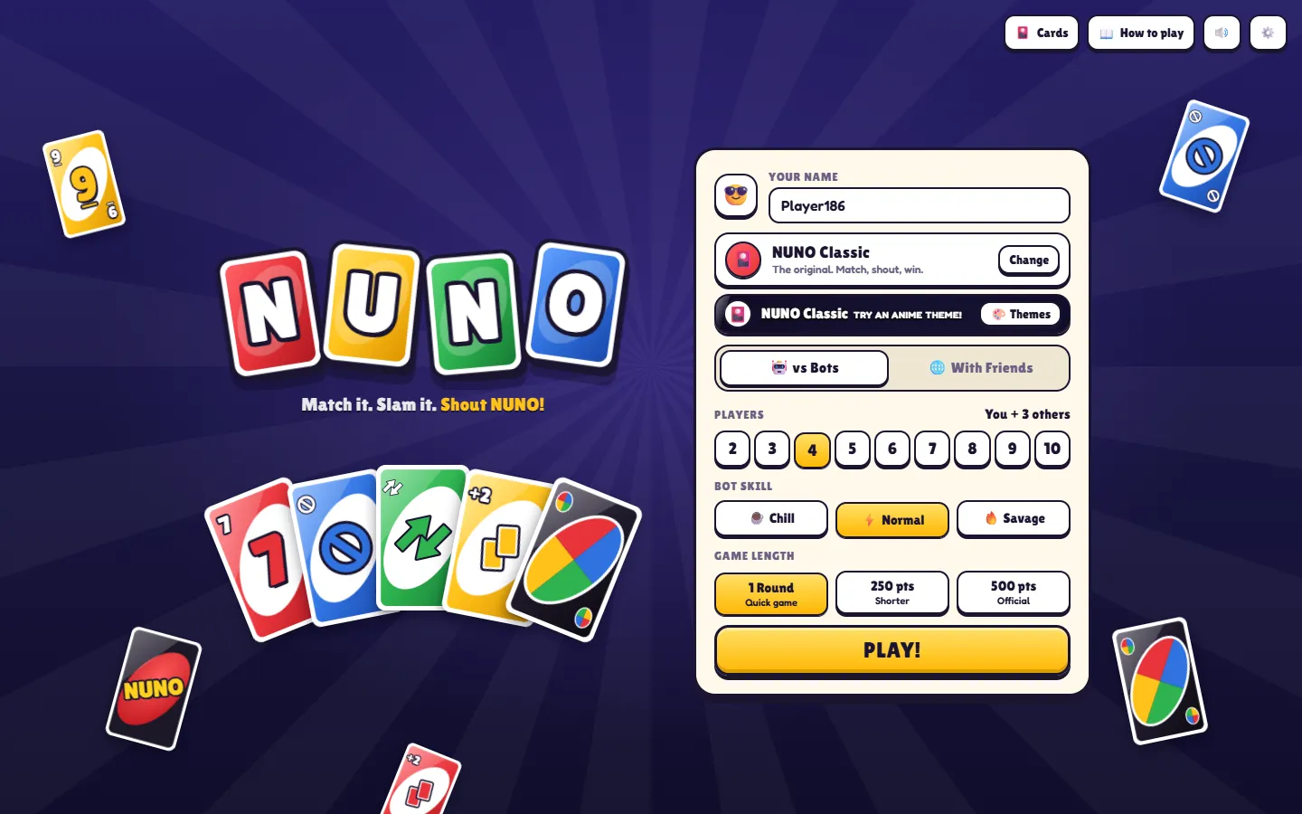 The NUNO home menu: the logo and a fan of cards on the left, the setup panel with name, mode, theme, players, bot skill and game length on the right