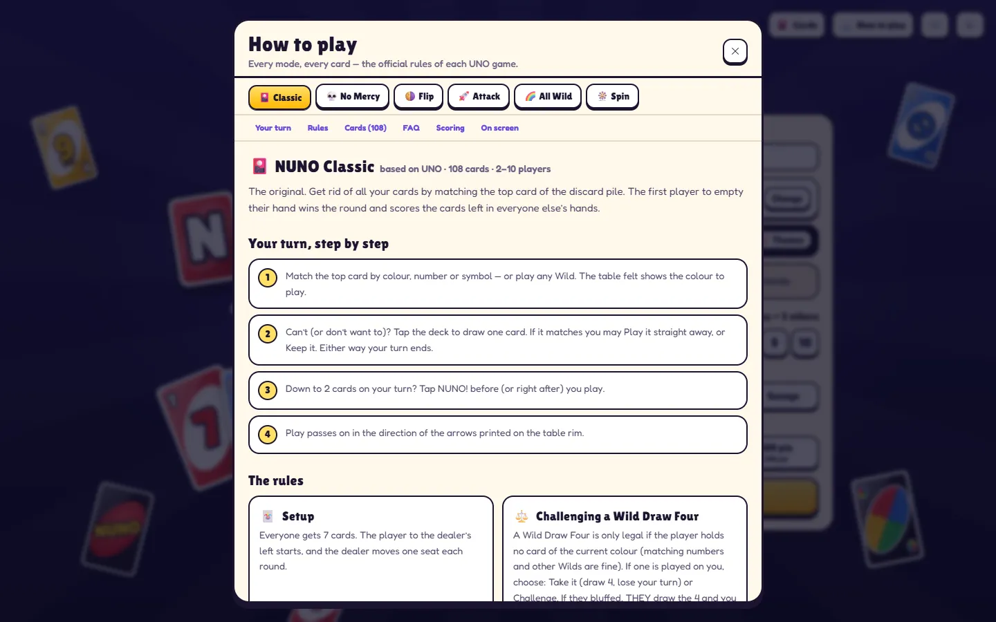 How to Play for Classic: mode tabs, your turn step by step, and the rules for setup and challenging a Wild Draw Four