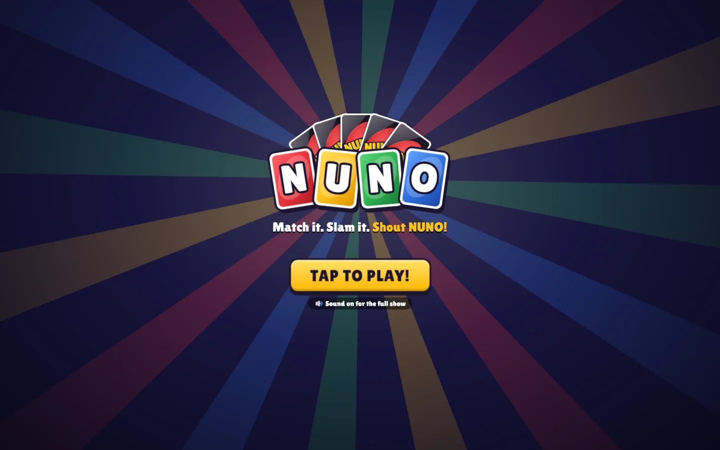 NUNO's opening screen: four tilted card tiles spelling NUNO over a fanned deck, with a yellow TAP TO PLAY button