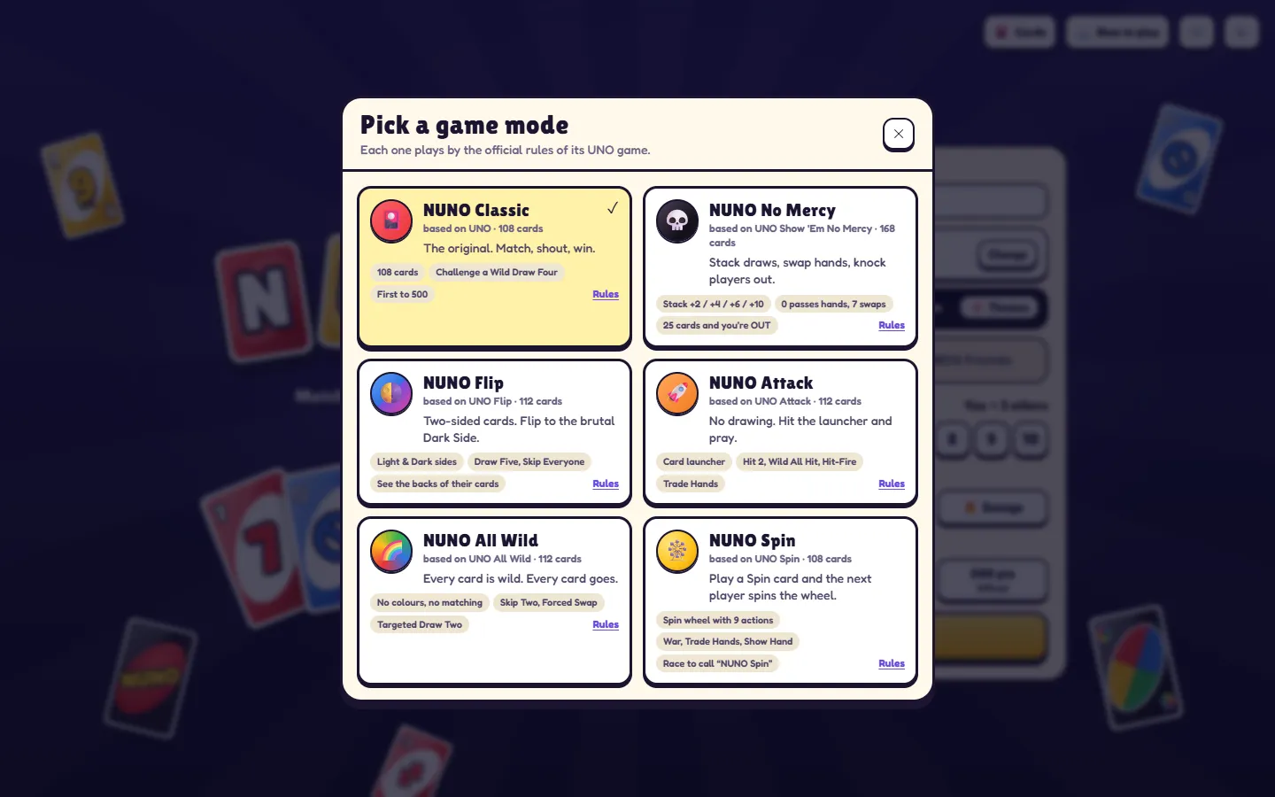The mode picker listing all six modes — Classic, No Mercy, Flip, Attack, All Wild and Spin — each with the game it is based on and its deck size