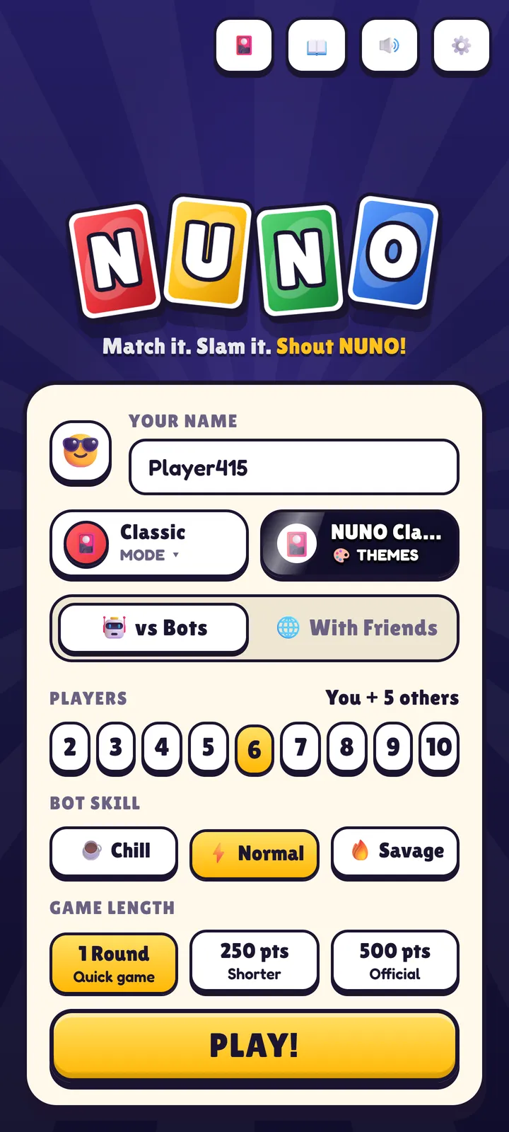 The NUNO home screen on a phone: the logo above a setup panel with mode and theme tiles, players, bot skill, game length and a PLAY button