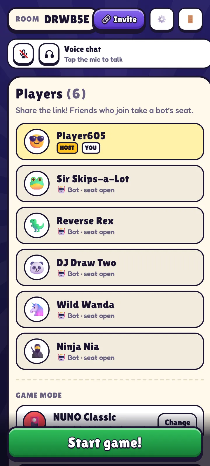 A room lobby on a phone: room code and Invite button, the voice-chat bar, and six seats with the host and five bots