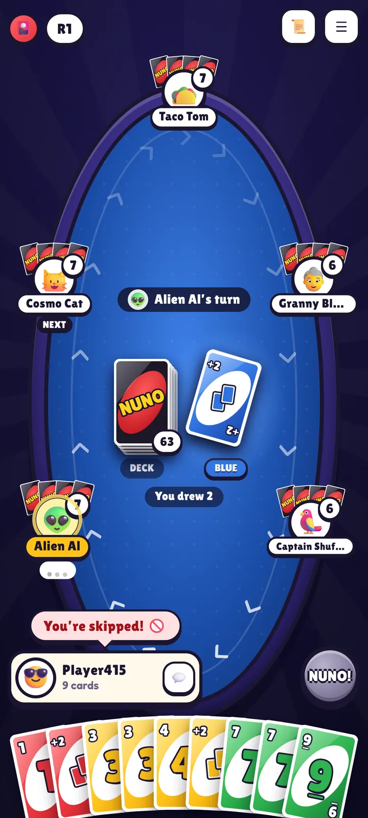 A six-player table on a phone in portrait: a tall oval with blue felt, the hand as a strip along the bottom, and a ‘You're skipped!’ bubble