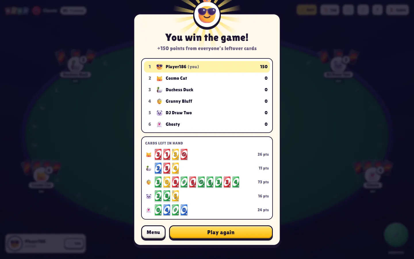 The round-over screen: ‘You win the game!’, the scoreboard, and every opponent's leftover cards with their points