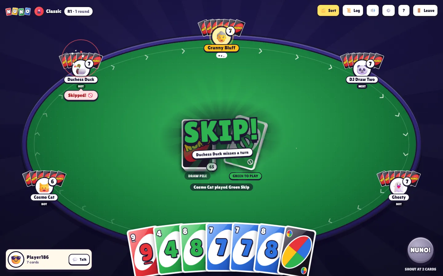 A SKIP! splash over the discard pile reading ‘Duchess Duck misses a turn’, with a ‘Skipped!’ bubble at her seat