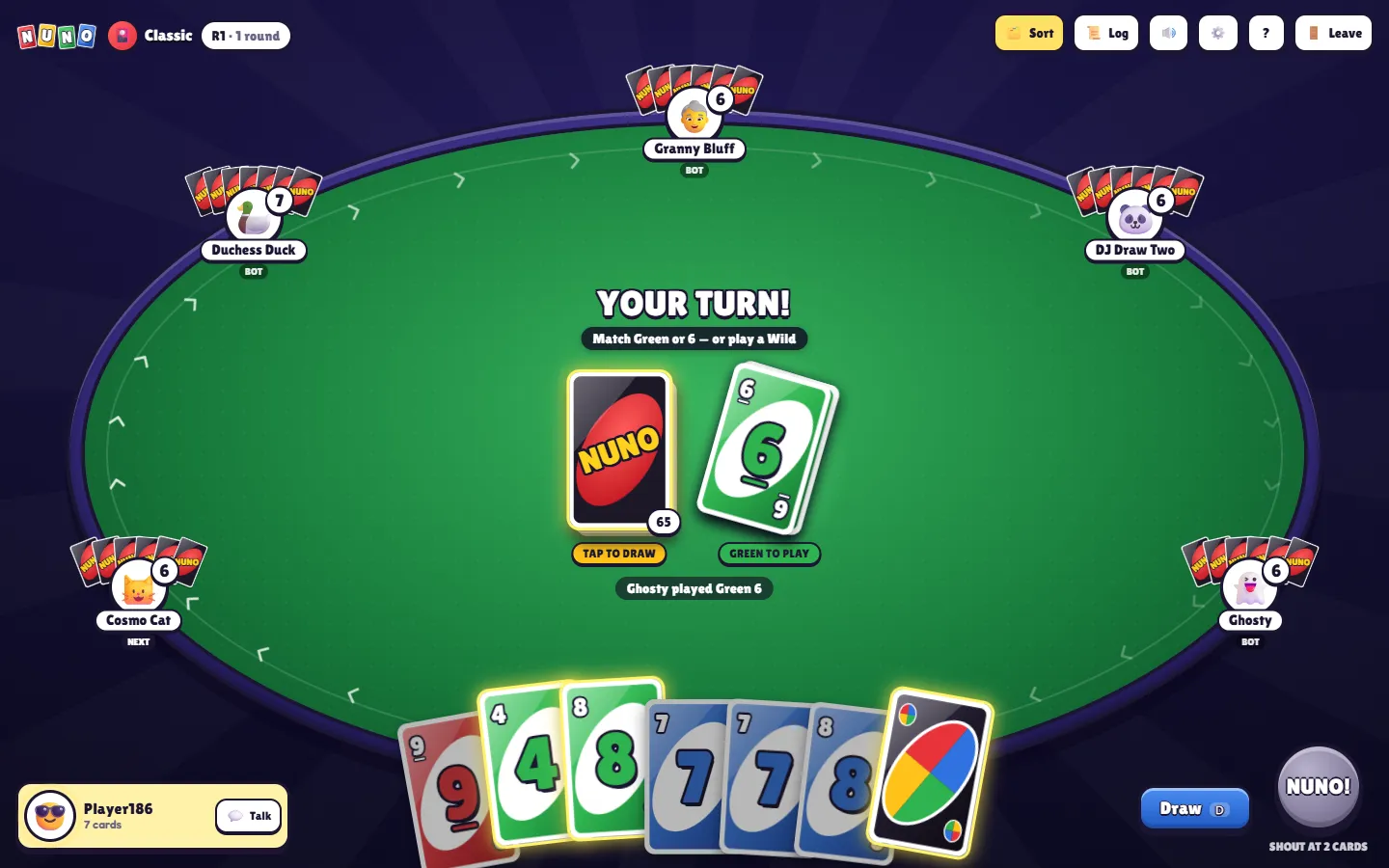 A six-player Classic table on the player's turn: green felt, five bot opponents around an oval, the prompt ‘Match Green or 6 — or play a Wild’, and the playable cards lifted out of the hand