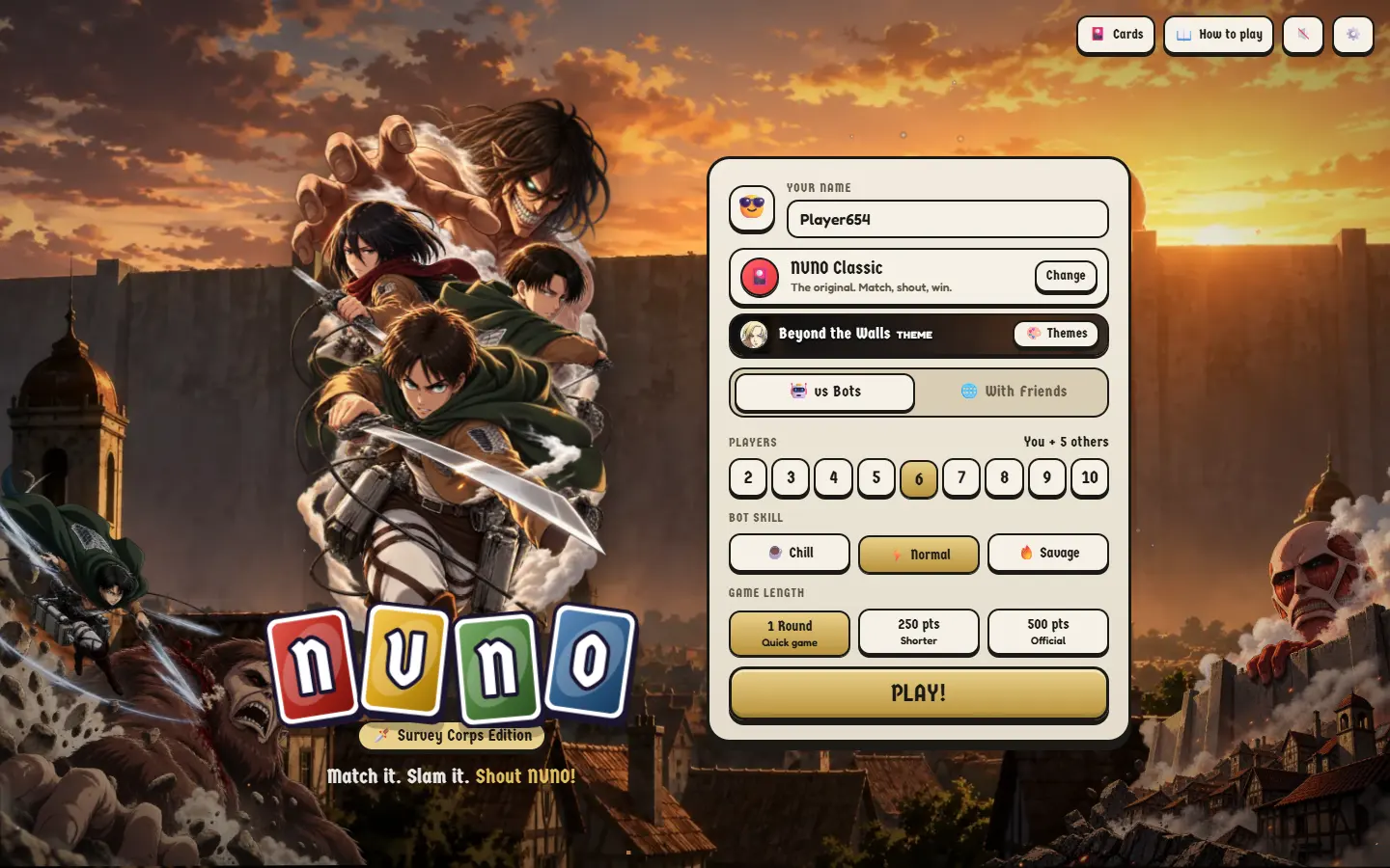 The NUNO home menu in the Beyond the Walls theme: a walled city at dusk with a giant at the edge, and the theme's characters over the logo