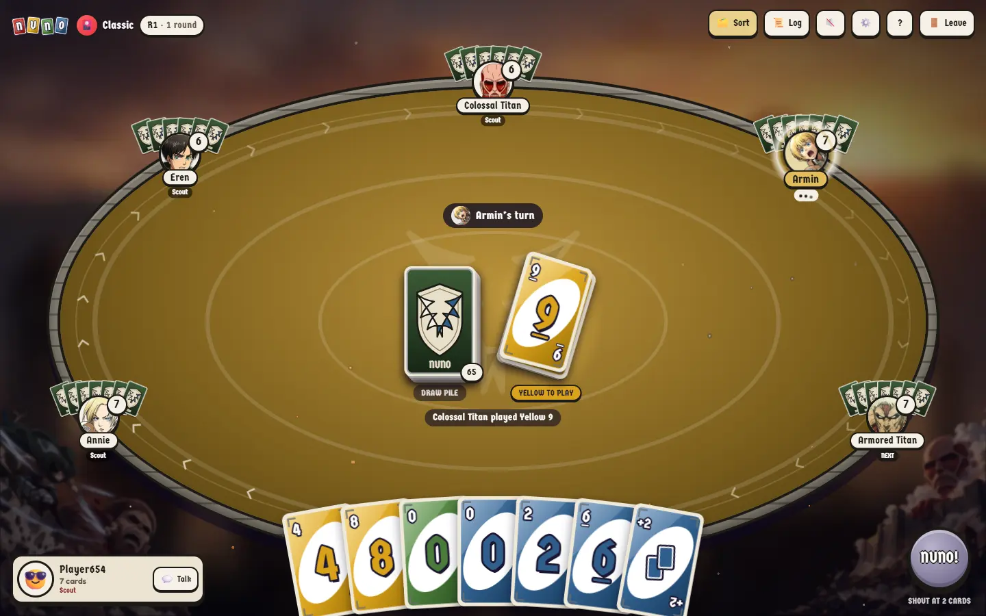 A Beyond the Walls table: a winged-crest draw pile on gold felt, with a Survey Corps rank under every seat