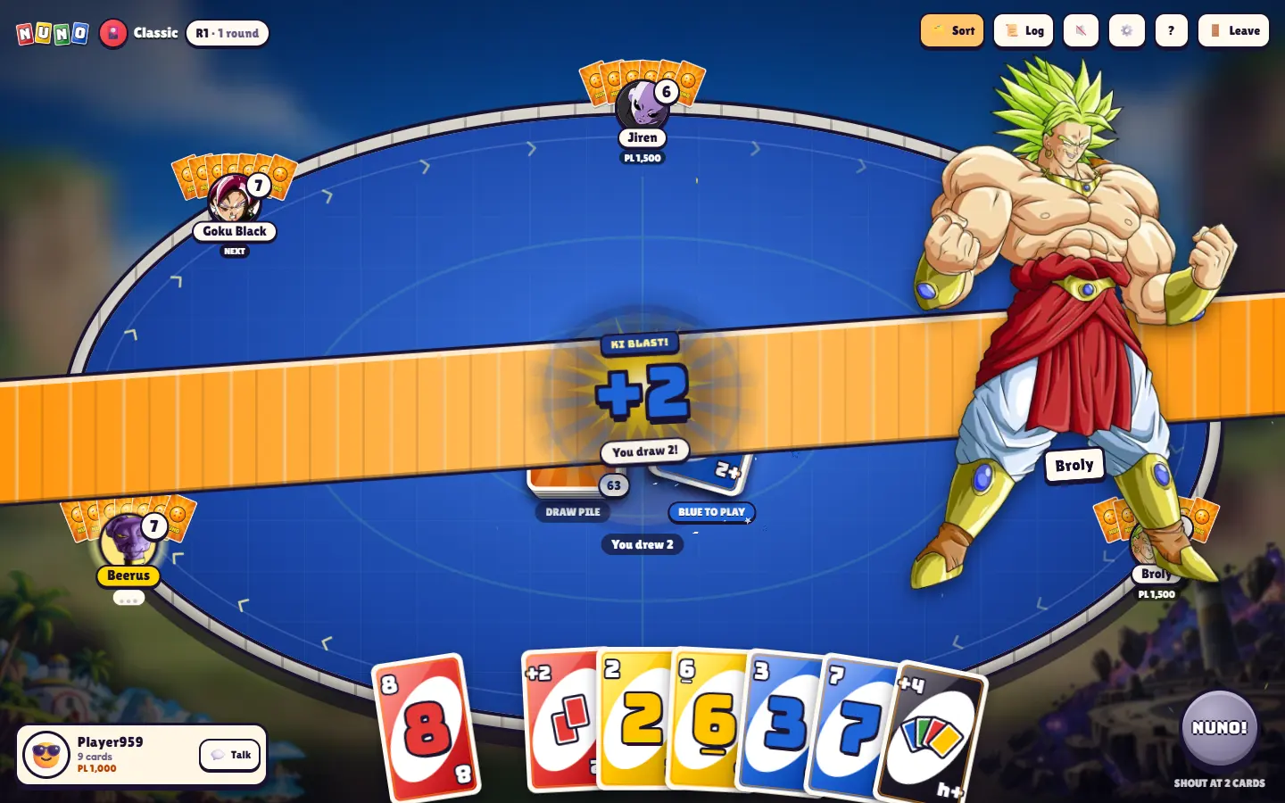 A Power Level cut-in powering up beside a blue table as the splash reads ‘Ki Blast! +2’