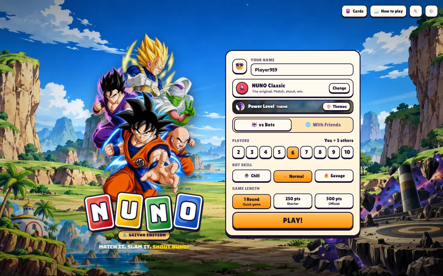 The NUNO home menu in the Power Level theme: a rocky wasteland, the theme's characters over the logo, and a Saiyan Edition badge