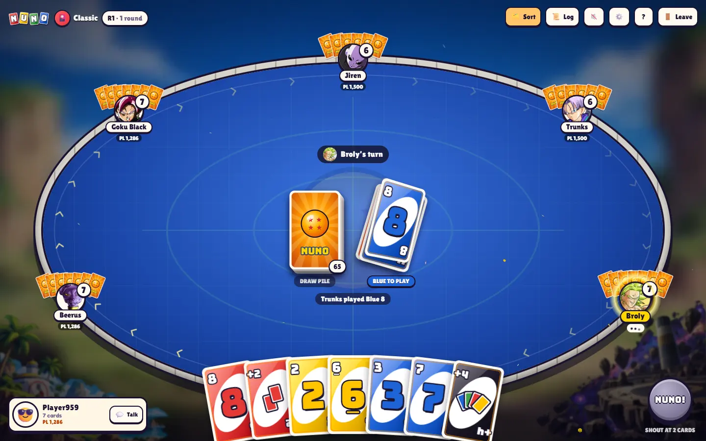 A Power Level table: a star-orb draw pile on blue felt, with a power level under every seat