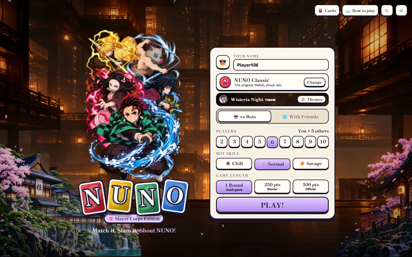 The NUNO home menu in the Wisteria Night theme: a lantern-lit town at night, the theme's characters over the logo, and lilac buttons