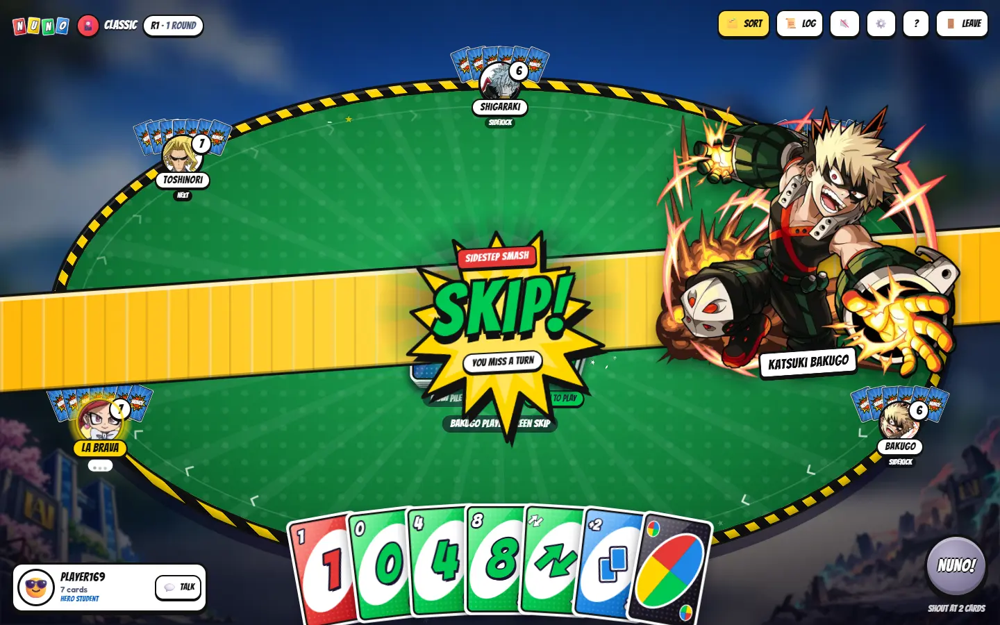 A Hero Academy cut-in bursting across a green table as the comic splash reads ‘Sidestep SMASH — SKIP!’