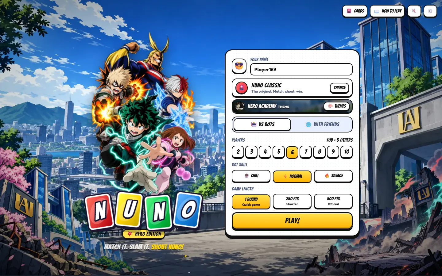 The NUNO home menu in the Hero Academy theme: a hero-city skyline, the theme's characters over the logo, and comic-book lettering