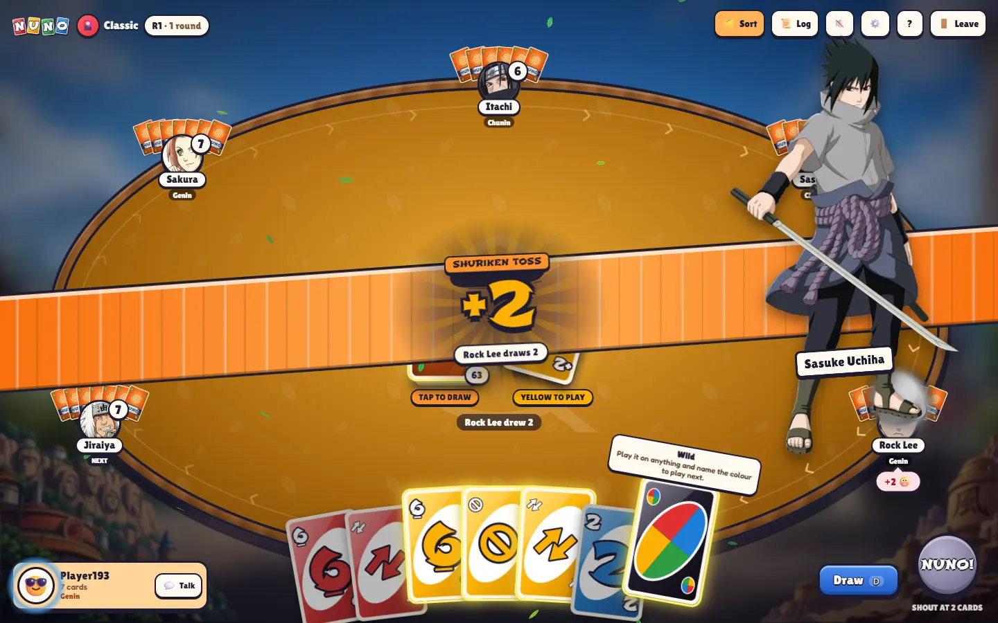 A Hidden Leaf cut-in: a character slides in on an orange band of speed lines while the splash reads ‘Shuriken Toss +2’