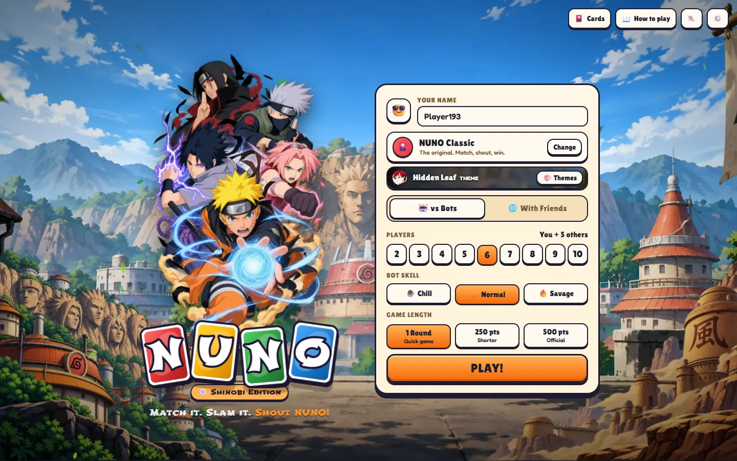 The NUNO home menu in the Hidden Leaf theme: a ninja village at sunset, the theme's characters standing over the logo, and a Shinobi Edition badge