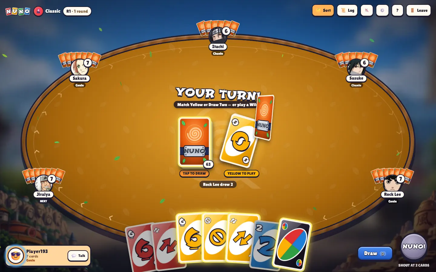 A Hidden Leaf table on the player's turn: orange felt, swirl card backs, and a ninja rank under every seat