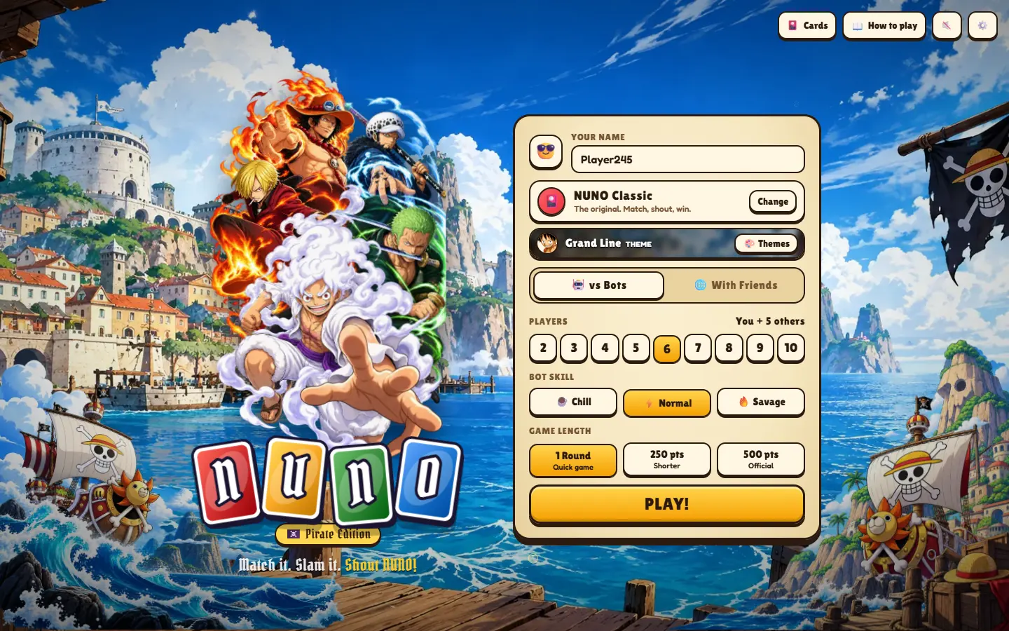The NUNO home menu in the Grand Line theme: a harbour town and pirate ships, the theme's characters over the logo, and a Pirate Edition badge