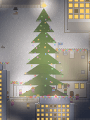 A lit Christmas tree raised in the middle of PixelVille, buildings strung with festive lights