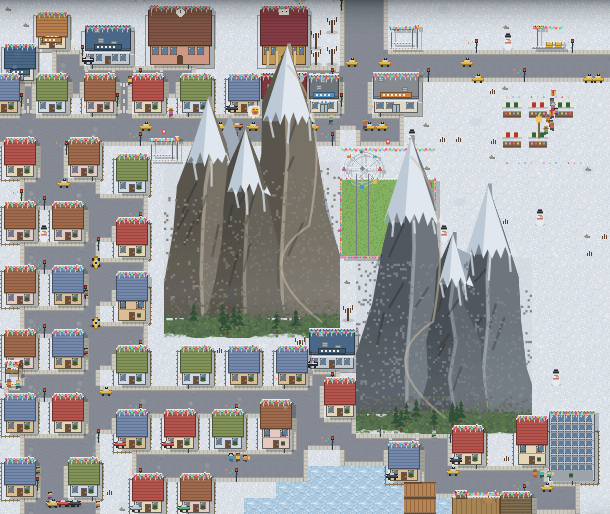 Two huge 5×5 snow-capped mountain ranges with hiking trails, ringed by colourful houses
