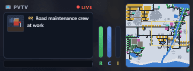 The PVTV live news panel, the RCI demand meters, and the 128×128 minimap