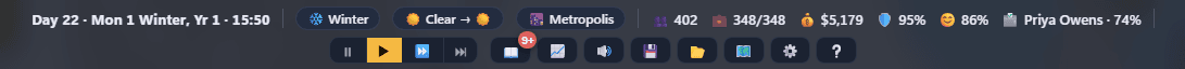 The PixelVille top HUD bar — day and time, season, weather, tier, and live population, employment, wealth, safety, happiness and leadership stats