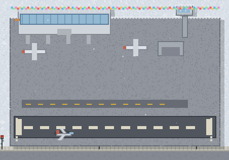 A PixelVille airport with a terminal, runway and a plane on the tarmac