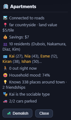 The building inspector for an Apartments block — connected to roads, land value, savings, its ten named residents, household mood, and how many places its people know