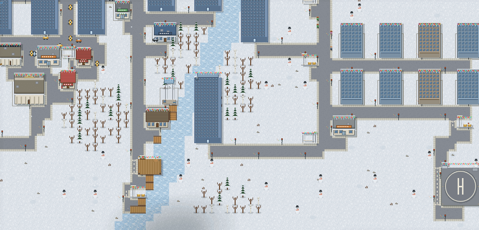 A river winding through a snowy PixelVille district, bridged by roads, docks along the banks