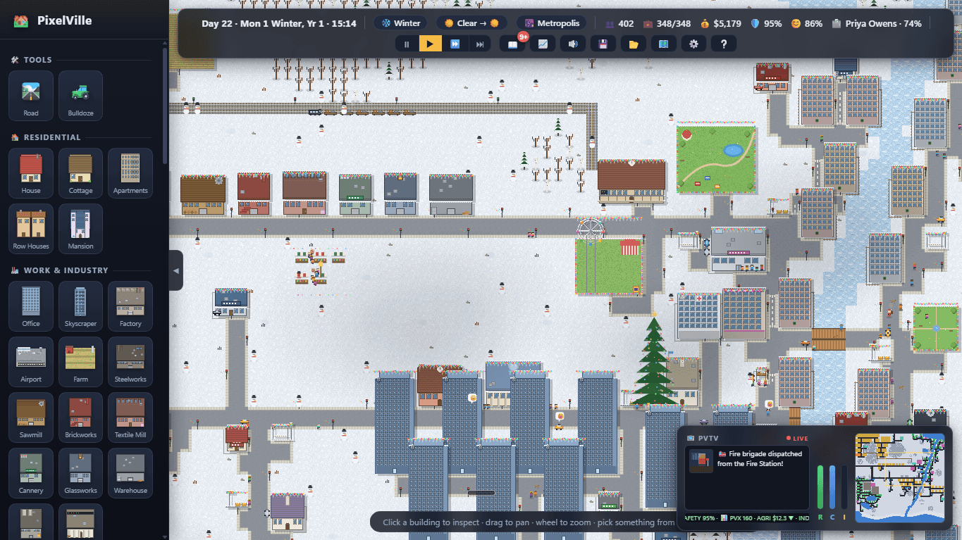 The complete PixelVille interface — building palette sidebar, top HUD bar, a living winter town and the PVTV news panel