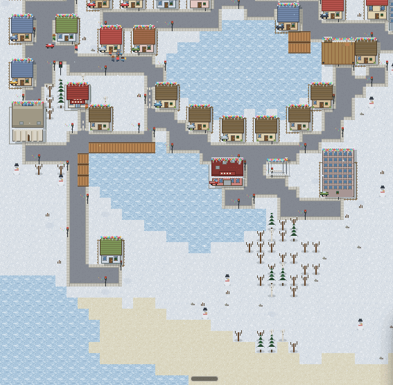 A frozen lake and a sandy beach meeting the sea, houses and a fire station clustered around the shore