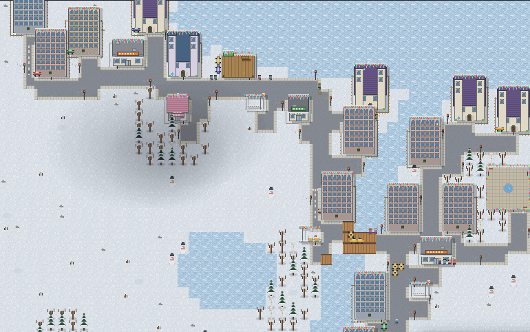 Colourful apartments and mansions across a snowy PixelVille neighbourhood