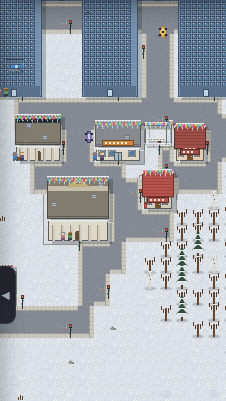 A row of hand-drawn procedural shops and services in PixelVille