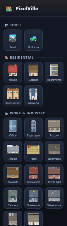The PixelVille building palette — tools, residential, and work & industry buildings, each drawn as procedural pixel art