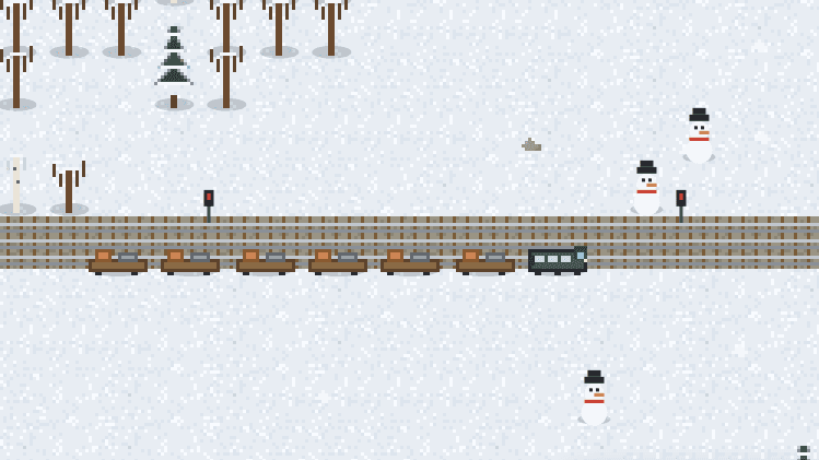 A running train crossing the snowy landscape on hand-laid railway tracks, snowmen dotted around