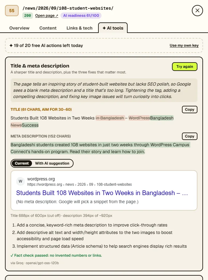 The AI tools tab in a page’s drawer: a title rewrite shown as a word diff, a new meta description, the Google preview, three fixes, and “Fact check passed: no invented numbers or links”, via Groq