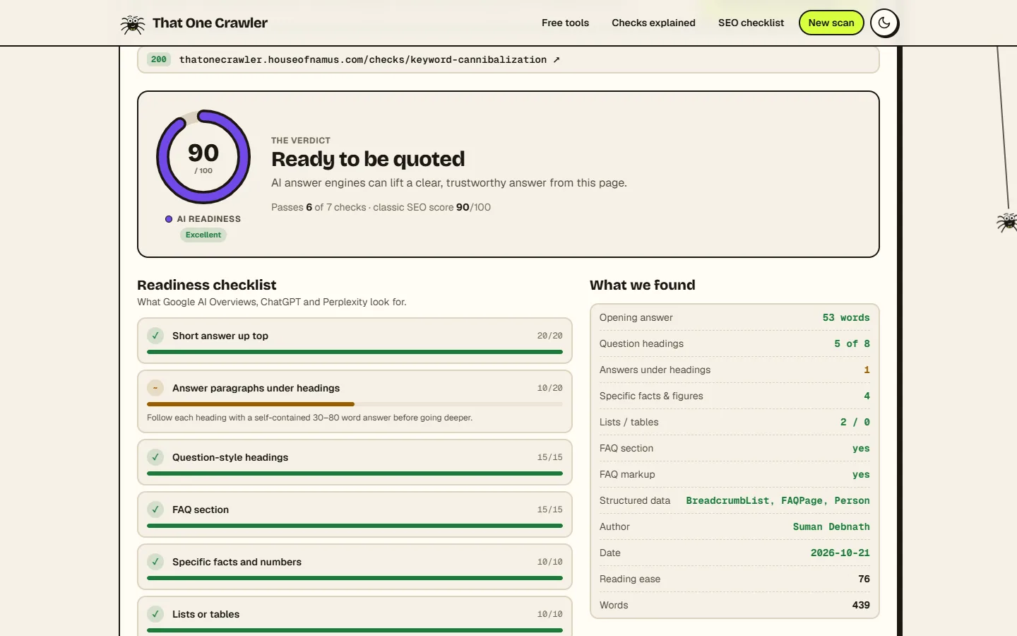 The GEO and AEO checker run on That One Crawler’s own keyword cannibalization guide: 90 out of 100, “Ready to be quoted”, passing six of seven checks