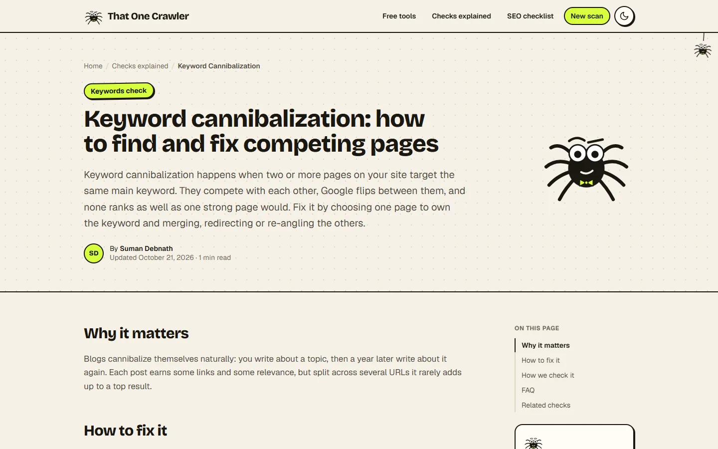 One of the 30 guides, on keyword cannibalization: a direct answer under the headline, a byline, and an “On this page” sidebar