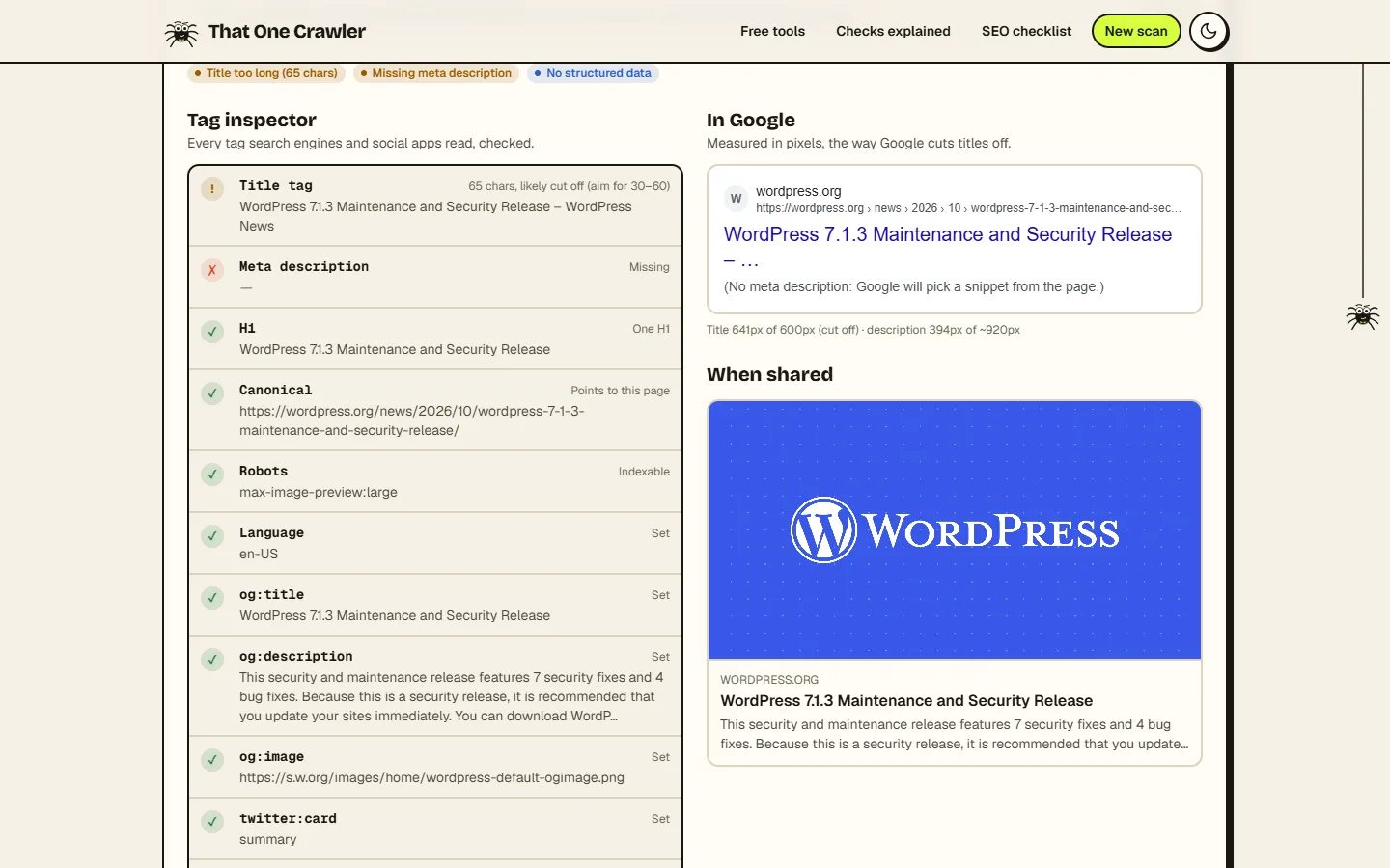 The meta tag checker on a WordPress release post: the tag inspector beside a Google preview measured at 641px of 600px, and the social share card