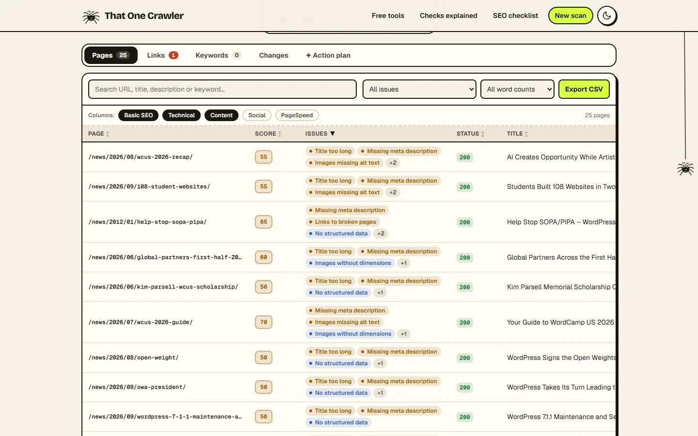 The report’s Pages tab: 25 pages, each with a score, its issues as coloured chips, a status code and its title