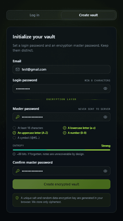 Initialize your vault screen with a live master-password strength checklist and entropy meter